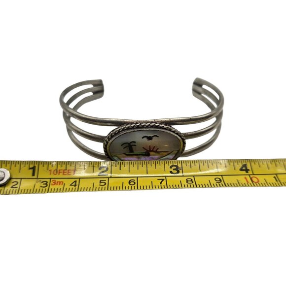 Vintage Abalone Shell Beach Scene Bracelet Palm tree Ocean Seagull Bird - Picture 9 of 12